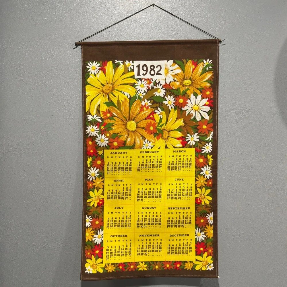 Vintage 1982 Floral Calendar Tea Towel Wall Hanging Farmhouse Kitchen Decor Gift
